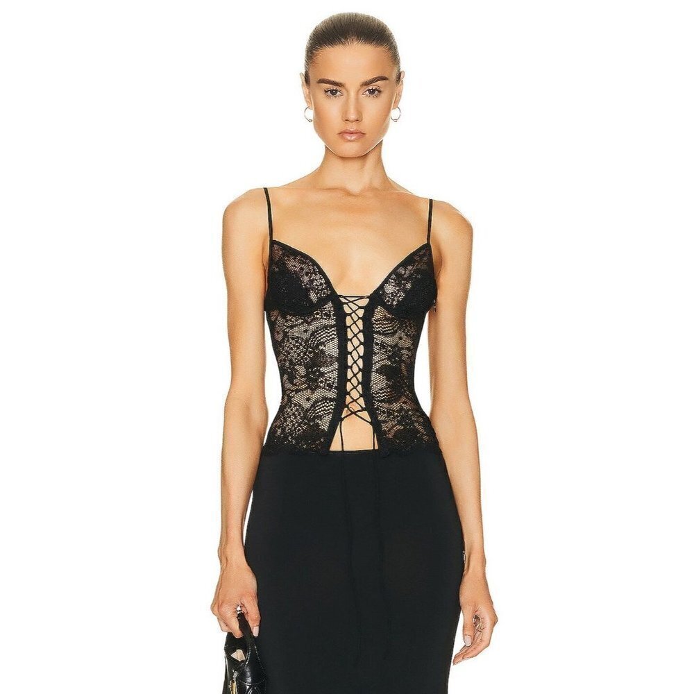 PRISCAVERA Lace Up Cami Top Black New Womens Sleeveless Tank